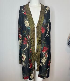 FRANCESCA ROSE |Black, Green Floral Kimono with Long Sleeves Ruffle/Loose Tie| S